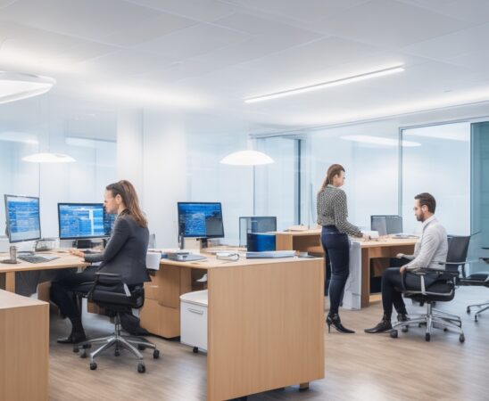 Helles, modernes Büro mit warmem Tageslicht, in dem ein selbstbewusst lächelnder Manager während eines Gespräches mit seinem Team strategisch auf digitale Finanzdaten auf einem Laptop blickt – ein Bild voller positiver Energie, das Aufbruchsstimmung und innovative Führung im Kontext eines bevorstehenden Börsengangs ausstrahlt.