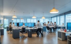 Ein warm beleuchtetes, modernes Büro mit fokussierten jungen Ingenieuren und Entwicklerinnen chinesischer Herkunft, umgeben von Hightech-Computern und leuchtenden Bildschirmen, die gemeinsam an innovativen KI-Projekten arbeiten und dabei einen hoffnungsvollen, zukunftsorientierten Teamgeist ausstrahlen.