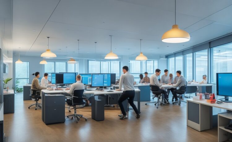 Ein warm beleuchtetes, modernes Büro mit fokussierten jungen Ingenieuren und Entwicklerinnen chinesischer Herkunft, umgeben von Hightech-Computern und leuchtenden Bildschirmen, die gemeinsam an innovativen KI-Projekten arbeiten und dabei einen hoffnungsvollen, zukunftsorientierten Teamgeist ausstrahlen.