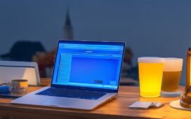 Ein strahlend helles, natürlich beleuchtetes Büroambiente mit einer konzentrierten Person mittleren Alters, die vor einem modernen Laptop sitzt und nachdenklich Text auf dem Bildschirm prüft, während sanftes Tageslicht durch große Fenster fällt und eine warme, vertrauensvolle Atmosphäre schafft.