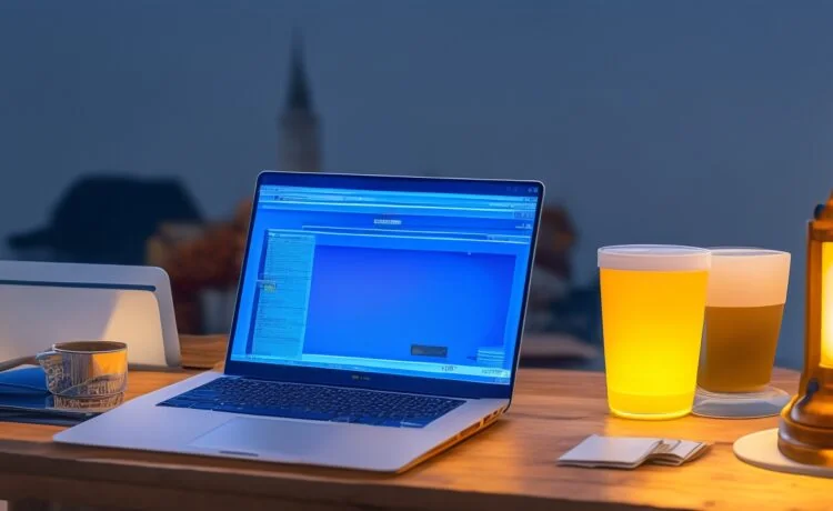 Ein strahlend helles, natürlich beleuchtetes Büroambiente mit einer konzentrierten Person mittleren Alters, die vor einem modernen Laptop sitzt und nachdenklich Text auf dem Bildschirm prüft, während sanftes Tageslicht durch große Fenster fällt und eine warme, vertrauensvolle Atmosphäre schafft.