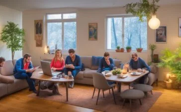 Eine helle, einladende Szene in einem modernen Wohnzimmer, in dem eine vielfältige Gruppe junger Menschen entspannt mit Laptops und Smartphones um einen gemütlichen Tisch sitzt, harmonisch von warmem Tageslicht durchflutet, das die digitale Vernetzung und den globalen Preiskampf der Streaming-Dienste spürbar macht.