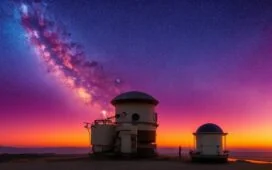 Ein strahlender Sonnenaufgang über einem weitläufigen Observatorium mit mehreren Radioteleskopen, deren reflektierende Schüsseln im warmen, natürlichen Licht glitzern und den Beginn einer neuen Ära bahnbrechender astronomischer Entdeckungen symbolisieren.