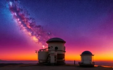 Ein strahlender Sonnenaufgang über einem weitläufigen Observatorium mit mehreren Radioteleskopen, deren reflektierende Schüsseln im warmen, natürlichen Licht glitzern und den Beginn einer neuen Ära bahnbrechender astronomischer Entdeckungen symbolisieren.