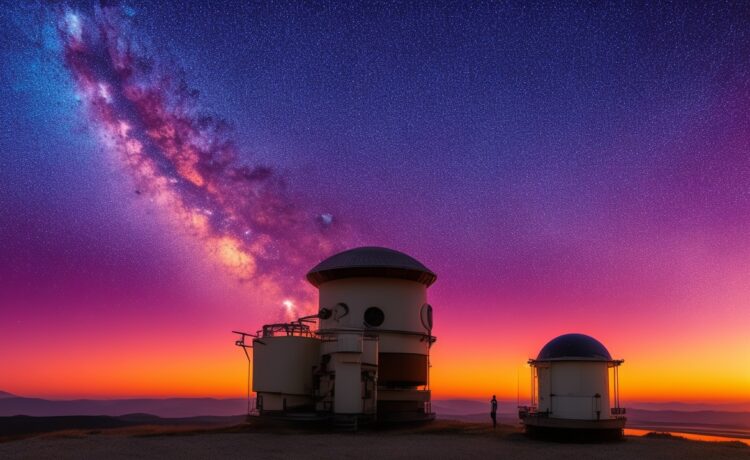 Ein strahlender Sonnenaufgang über einem weitläufigen Observatorium mit mehreren Radioteleskopen, deren reflektierende Schüsseln im warmen, natürlichen Licht glitzern und den Beginn einer neuen Ära bahnbrechender astronomischer Entdeckungen symbolisieren.