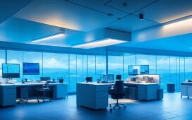 Ein hell erleuchtetes, modernes Büro mit zwei fokussiert zusammenarbeitenden IT-Experten vor mehreren großen Bildschirmen, auf denen schematische Cloud- und Netzwerkverbindungen zu sehen sind, eingefangen in warmem Tageslicht, das eine freundliche und kooperative Atmosphäre zwischen Technologie und Menschlichkeit schafft.