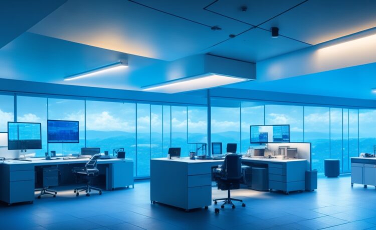 Ein hell erleuchtetes, modernes Büro mit zwei fokussiert zusammenarbeitenden IT-Experten vor mehreren großen Bildschirmen, auf denen schematische Cloud- und Netzwerkverbindungen zu sehen sind, eingefangen in warmem Tageslicht, das eine freundliche und kooperative Atmosphäre zwischen Technologie und Menschlichkeit schafft.