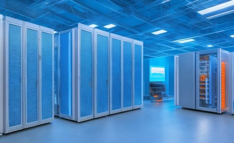 In einem hell erleuchteten, modernen Rechenzentrum wirken engagierte Fachleute verschiedener Altersgruppen und Hintergründe konzentriert an komplexen Serverracks und hochmodernen Supercomputern, während warmes Tageslicht durch große Fenster strömt und eine Atmosphäre von Optimismus, Innovation und europäischer Zusammenarbeit schafft.