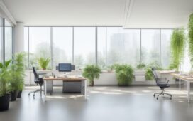 Ein lichtdurchflutetes, modernes Büro mit großen Fenstern, in dem ein konzentrierter IT-Experte an einem transparenten Bildschirm arbeitet, umgeben von warmen Holztönen und grünen Pflanzen, die eine harmonische Verbindung zwischen technologischer Vernetzung und menschlicher Nähe symbolisieren.