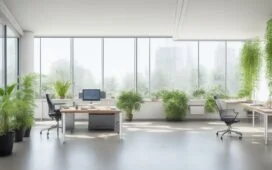 Ein lichtdurchflutetes, modernes Büro mit großen Fenstern, in dem ein konzentrierter IT-Experte an einem transparenten Bildschirm arbeitet, umgeben von warmen Holztönen und grünen Pflanzen, die eine harmonische Verbindung zwischen technologischer Vernetzung und menschlicher Nähe symbolisieren.