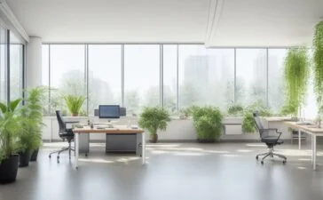 Ein lichtdurchflutetes, modernes Büro mit großen Fenstern, in dem ein konzentrierter IT-Experte an einem transparenten Bildschirm arbeitet, umgeben von warmen Holztönen und grünen Pflanzen, die eine harmonische Verbindung zwischen technologischer Vernetzung und menschlicher Nähe symbolisieren.