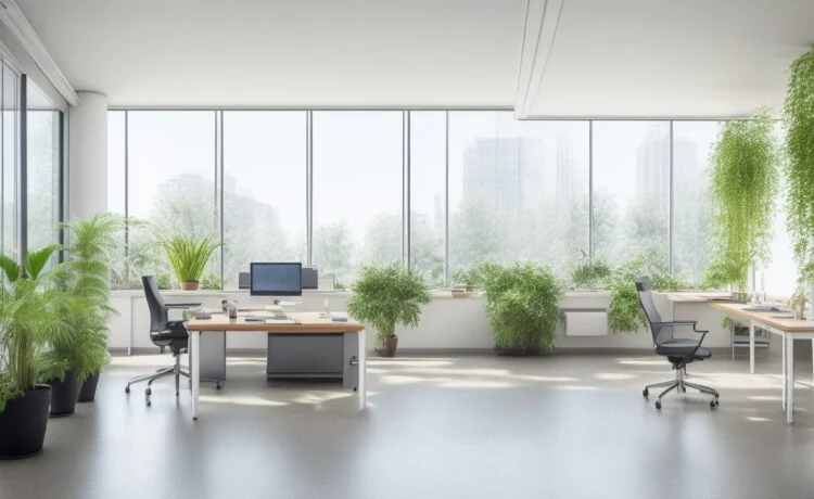 Ein lichtdurchflutetes, modernes Büro mit großen Fenstern, in dem ein konzentrierter IT-Experte an einem transparenten Bildschirm arbeitet, umgeben von warmen Holztönen und grünen Pflanzen, die eine harmonische Verbindung zwischen technologischer Vernetzung und menschlicher Nähe symbolisieren.