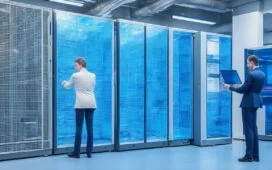 Ein sonnendurchfluteter Technikraum mit modernen Serverracks, in dem ein lächelnder IT-Ingenieur mit entspanntem Blick an einem Laptop arbeitet, umgeben von warmem, natürlichem Licht und einer Atmosphäre von Innovation, Nachhaltigkeit und zukunftsweisender Vernetzung.