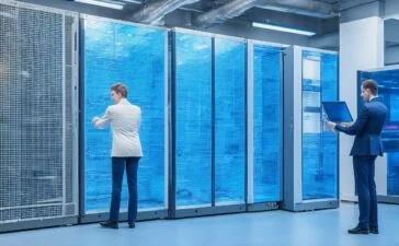 Ein sonnendurchfluteter Technikraum mit modernen Serverracks, in dem ein lächelnder IT-Ingenieur mit entspanntem Blick an einem Laptop arbeitet, umgeben von warmem, natürlichem Licht und einer Atmosphäre von Innovation, Nachhaltigkeit und zukunftsweisender Vernetzung.