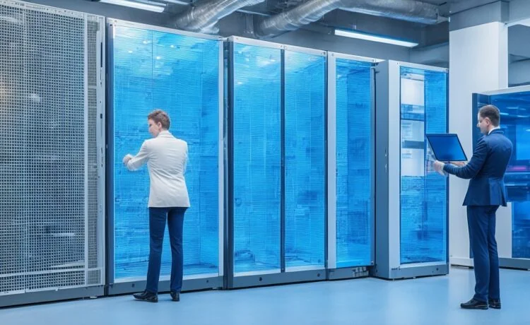 Ein sonnendurchfluteter Technikraum mit modernen Serverracks, in dem ein lächelnder IT-Ingenieur mit entspanntem Blick an einem Laptop arbeitet, umgeben von warmem, natürlichem Licht und einer Atmosphäre von Innovation, Nachhaltigkeit und zukunftsweisender Vernetzung.