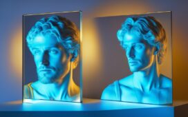 Ein helles, natürlich beleuchtetes Porträt einer nachdenklichen Wissenschaftlerin in einem modernen Labor, umgeben von Bildschirmen mit komplexen Daten und subtil reflektierendem Glas, das die Wärme menschlicher Verantwortung im Umgang mit künstlicher Intelligenz vermittelt.
