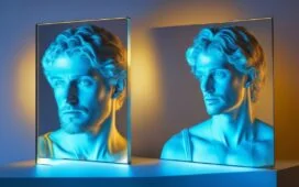Ein helles, natürlich beleuchtetes Porträt einer nachdenklichen Wissenschaftlerin in einem modernen Labor, umgeben von Bildschirmen mit komplexen Daten und subtil reflektierendem Glas, das die Wärme menschlicher Verantwortung im Umgang mit künstlicher Intelligenz vermittelt.