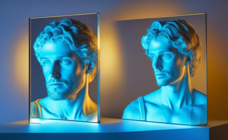 Ein helles, natürlich beleuchtetes Porträt einer nachdenklichen Wissenschaftlerin in einem modernen Labor, umgeben von Bildschirmen mit komplexen Daten und subtil reflektierendem Glas, das die Wärme menschlicher Verantwortung im Umgang mit künstlicher Intelligenz vermittelt.