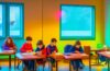 In einem hell erleuchteten, modernen Klassenzimmer sitzen Lehrerinnen und Schüler unterschiedlicher Herkunft in angeregtem Austausch vor Tablets und Bildschirmen, während warmes Tageslicht durch große Fenster fällt und eine Atmosphäre von Offenheit, innovativem Lernen und gemeinsamer Zukunftsgestaltung schafft.