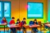 In einem hell erleuchteten, modernen Klassenzimmer sitzen Lehrerinnen und Schüler unterschiedlicher Herkunft in angeregtem Austausch vor Tablets und Bildschirmen, während warmes Tageslicht durch große Fenster fällt und eine Atmosphäre von Offenheit, innovativem Lernen und gemeinsamer Zukunftsgestaltung schafft.