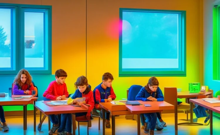 In einem hell erleuchteten, modernen Klassenzimmer sitzen Lehrerinnen und Schüler unterschiedlicher Herkunft in angeregtem Austausch vor Tablets und Bildschirmen, während warmes Tageslicht durch große Fenster fällt und eine Atmosphäre von Offenheit, innovativem Lernen und gemeinsamer Zukunftsgestaltung schafft.