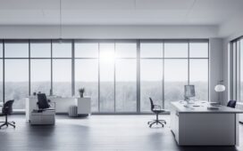 In einem hell durchfluteten, modern gestalteten Büro sitzen motivierte Entwicklerinnen und Entwickler konzentriert vor mehreren Bildschirmen mit komplexen Datenvisualisierungen, während warmes Sonnenlicht durch große Fenster fällt und eine Atmosphäre von Aufbruch und bahnbrechender Technologie schafft.