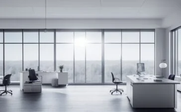 In einem hell durchfluteten, modern gestalteten Büro sitzen motivierte Entwicklerinnen und Entwickler konzentriert vor mehreren Bildschirmen mit komplexen Datenvisualisierungen, während warmes Sonnenlicht durch große Fenster fällt und eine Atmosphäre von Aufbruch und bahnbrechender Technologie schafft.