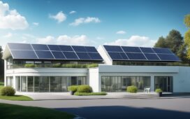Ein strahlend heller Außenblick auf ein modernes, futuristisches Rechenzentrum mit gläsernen Fassaden und eleganten, modularen Containern, umgeben von sanft beleuchteten Solarpaneelen und dezent integrierten Batteriespeichern, in einer idyllischen, grünen Industrielandschaft bei Sonnenaufgang, der Wärme und Aufbruchsstimmung ausstrahlt.