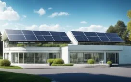 Ein strahlend heller Außenblick auf ein modernes, futuristisches Rechenzentrum mit gläsernen Fassaden und eleganten, modularen Containern, umgeben von sanft beleuchteten Solarpaneelen und dezent integrierten Batteriespeichern, in einer idyllischen, grünen Industrielandschaft bei Sonnenaufgang, der Wärme und Aufbruchsstimmung ausstrahlt.