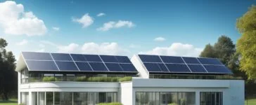 Ein strahlend heller Außenblick auf ein modernes, futuristisches Rechenzentrum mit gläsernen Fassaden und eleganten, modularen Containern, umgeben von sanft beleuchteten Solarpaneelen und dezent integrierten Batteriespeichern, in einer idyllischen, grünen Industrielandschaft bei Sonnenaufgang, der Wärme und Aufbruchsstimmung ausstrahlt.