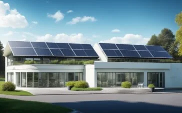 Ein strahlend heller Außenblick auf ein modernes, futuristisches Rechenzentrum mit gläsernen Fassaden und eleganten, modularen Containern, umgeben von sanft beleuchteten Solarpaneelen und dezent integrierten Batteriespeichern, in einer idyllischen, grünen Industrielandschaft bei Sonnenaufgang, der Wärme und Aufbruchsstimmung ausstrahlt.