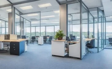 Ein lichtdurchflutetes, modernes Büro mit motivierten Geschäftspersonen in angeregtem Austausch vor großen, Panorama-Fenstern, die durch ihre offene, freundliche Atmosphäre den Wandel und die Chancen der digitalen Transformation im Post-Browser-Zeitalter einfühlsam visualisieren.