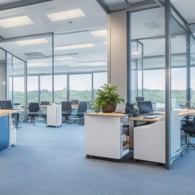 Ein lichtdurchflutetes, modernes Büro mit motivierten Geschäftspersonen in angeregtem Austausch vor großen, Panorama-Fenstern, die durch ihre offene, freundliche Atmosphäre den Wandel und die Chancen der digitalen Transformation im Post-Browser-Zeitalter einfühlsam visualisieren.