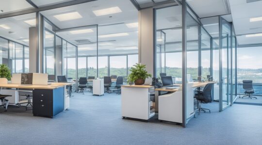 Ein lichtdurchflutetes, modernes Büro mit motivierten Geschäftspersonen in angeregtem Austausch vor großen, Panorama-Fenstern, die durch ihre offene, freundliche Atmosphäre den Wandel und die Chancen der digitalen Transformation im Post-Browser-Zeitalter einfühlsam visualisieren.