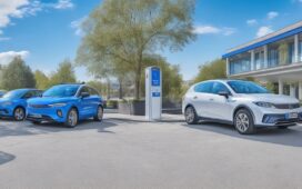 Ein sonnendurchfluteter urbaner Parkplatz mit einem modernen, eleganten BYD Elektro-SUV im Vordergrund, umgeben von entspannten Menschen in leichter Alltagskleidung, die freundliche Gespräche führen, während warmes Tageslicht die hochwertige Lackierung und effiziente, innovative Designs der Fahrzeuge sanft betont – ein Symbol für den dynamischen Aufbruch und die Zukunft der Elektromobilität in Europa.