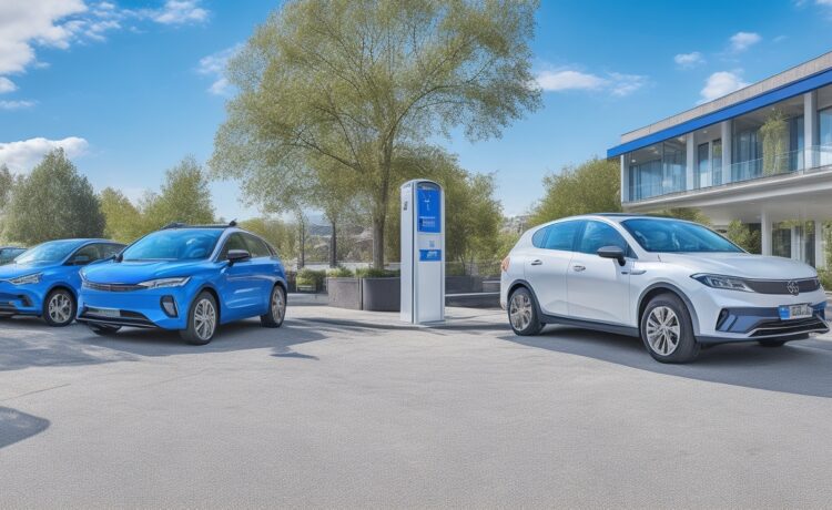 Ein sonnendurchfluteter urbaner Parkplatz mit einem modernen, eleganten BYD Elektro-SUV im Vordergrund, umgeben von entspannten Menschen in leichter Alltagskleidung, die freundliche Gespräche führen, während warmes Tageslicht die hochwertige Lackierung und effiziente, innovative Designs der Fahrzeuge sanft betont – ein Symbol für den dynamischen Aufbruch und die Zukunft der Elektromobilität in Europa.