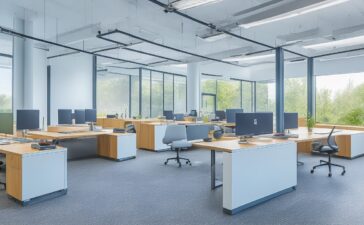 Ein sonnendurchflutetes, modernes Büro mit motivierten IT-Fachkräften in lebendiger Zusammenarbeit an Bildschirmen, die kühle Technik mit menschlicher Wärme verbinden und Vertrauen in die unterstützende Rolle der Künstlichen Intelligenz ausstrahlen.