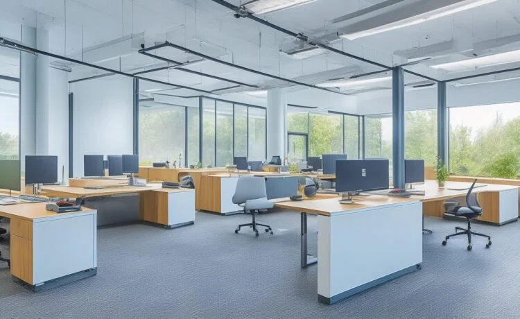 Ein sonnendurchflutetes, modernes Büro mit motivierten IT-Fachkräften in lebendiger Zusammenarbeit an Bildschirmen, die kühle Technik mit menschlicher Wärme verbinden und Vertrauen in die unterstützende Rolle der Künstlichen Intelligenz ausstrahlen.