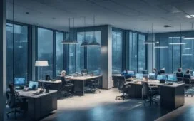 In einem hell erleuchteten, modernen Büro sitzt eine diverse Gruppe junger Menschen konzentriert und vertraulich zusammen, während warme Sonnenstrahlen durch große Fenster fallen und mit natürlicher Lebendigkeit eine Atmosphäre des technisch-lösungsorientierten Miteinanders und digitalen Vertrauens schaffen.