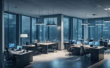 In einem hell erleuchteten, modernen Büro sitzt eine diverse Gruppe junger Menschen konzentriert und vertraulich zusammen, während warme Sonnenstrahlen durch große Fenster fallen und mit natürlicher Lebendigkeit eine Atmosphäre des technisch-lösungsorientierten Miteinanders und digitalen Vertrauens schaffen.