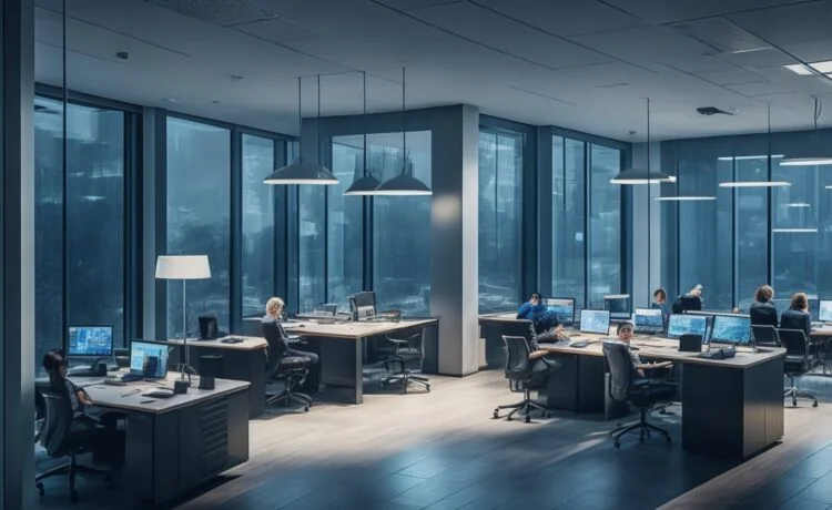 In einem hell erleuchteten, modernen Büro sitzt eine diverse Gruppe junger Menschen konzentriert und vertraulich zusammen, während warme Sonnenstrahlen durch große Fenster fallen und mit natürlicher Lebendigkeit eine Atmosphäre des technisch-lösungsorientierten Miteinanders und digitalen Vertrauens schaffen.