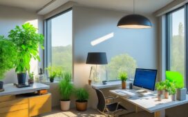 Ein warm beleuchtetes, modernes Büro mit einem lächelnden Webdesigner, der konzentriert an einem klar strukturierten Bildschirm arbeitet, umgeben von natürlichen Pflanzen und Sonnenlicht, das durch großes Fenster fällt und eine vertrauensvolle sowie nutzerorientierte Atmosphäre schafft.