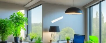 Ein warm beleuchtetes, modernes Büro mit einem lächelnden Webdesigner, der konzentriert an einem klar strukturierten Bildschirm arbeitet, umgeben von natürlichen Pflanzen und Sonnenlicht, das durch großes Fenster fällt und eine vertrauensvolle sowie nutzerorientierte Atmosphäre schafft.