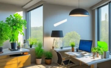 Ein warm beleuchtetes, modernes Büro mit einem lächelnden Webdesigner, der konzentriert an einem klar strukturierten Bildschirm arbeitet, umgeben von natürlichen Pflanzen und Sonnenlicht, das durch großes Fenster fällt und eine vertrauensvolle sowie nutzerorientierte Atmosphäre schafft.