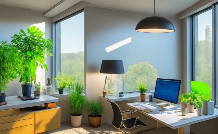 Ein warm beleuchtetes, modernes Büro mit einem lächelnden Webdesigner, der konzentriert an einem klar strukturierten Bildschirm arbeitet, umgeben von natürlichen Pflanzen und Sonnenlicht, das durch großes Fenster fällt und eine vertrauensvolle sowie nutzerorientierte Atmosphäre schafft.