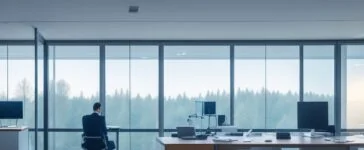 In einem modernen, lichtdurchfluteten Büro sitzt eine junge, inspirierte Entwicklerin mit freundlichem Lächeln vor mehreren Bildschirmen, die komplexe KI-Algorithmen zeigen, während durch große Fenster warmes Tageslicht den Raum erfüllt und eine Atmosphäre von Innovation, Offenheit und strategischem Fortschritt vermittelt.