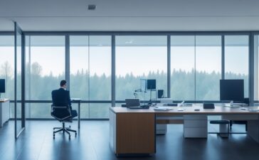 In einem modernen, lichtdurchfluteten Büro sitzt eine junge, inspirierte Entwicklerin mit freundlichem Lächeln vor mehreren Bildschirmen, die komplexe KI-Algorithmen zeigen, während durch große Fenster warmes Tageslicht den Raum erfüllt und eine Atmosphäre von Innovation, Offenheit und strategischem Fortschritt vermittelt.