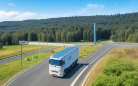 Ein strahlend sonnendurchfluteter, moderner Elektro-Lkw rollt dynamisch auf einer weitläufigen Autobahn, umgeben von grünen Feldern und klarem Himmel, während im Hintergrund eine elektrische Güterbahn vorbeirollt – ein warmer, optimistischer Moment, der den Weg in eine nachhaltige Zukunft des Schwerlastverkehrs symbolisiert.