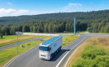 Ein strahlend sonnendurchfluteter, moderner Elektro-Lkw rollt dynamisch auf einer weitläufigen Autobahn, umgeben von grünen Feldern und klarem Himmel, während im Hintergrund eine elektrische Güterbahn vorbeirollt – ein warmer, optimistischer Moment, der den Weg in eine nachhaltige Zukunft des Schwerlastverkehrs symbolisiert.