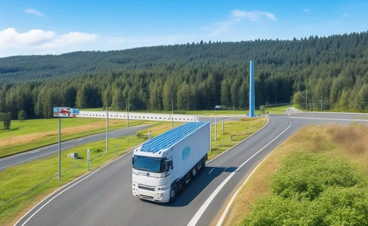 Ein strahlend sonnendurchfluteter, moderner Elektro-Lkw rollt dynamisch auf einer weitläufigen Autobahn, umgeben von grünen Feldern und klarem Himmel, während im Hintergrund eine elektrische Güterbahn vorbeirollt – ein warmer, optimistischer Moment, der den Weg in eine nachhaltige Zukunft des Schwerlastverkehrs symbolisiert.